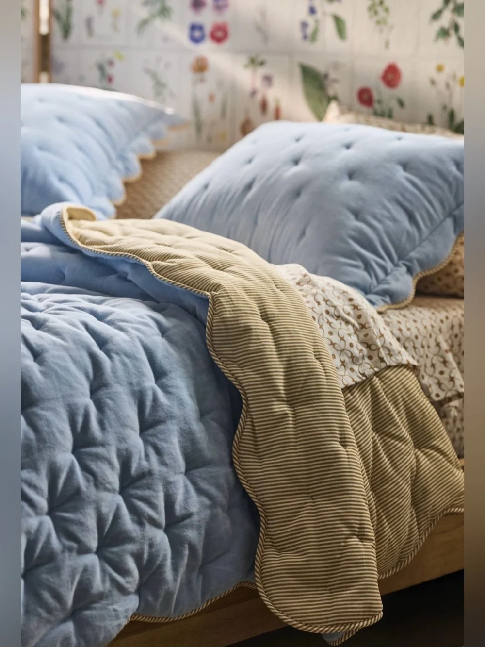 Anthropologie Abbott Cotton Velvet Solid Scalloped Quilt, Blue, Queen